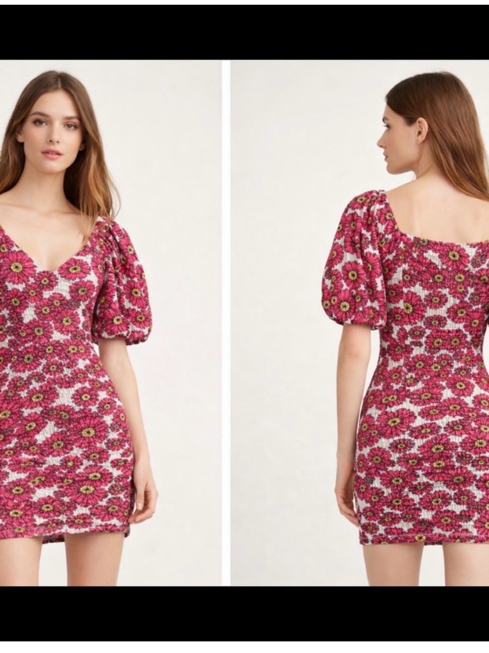 Zara Pink Floral Puff-Sleeve Smocked Mini Dress